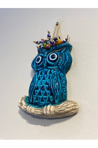 El Yapımı Nazar Boncuğu, Duvar Dekorasyon Ürünü, Seramik, El İşçiliği, Turkuaz Renkte Baykuş Desenli -