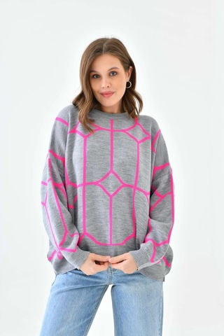 Park Karon Kadın Bisiklet Yaka Desenli Oversize Triko Kazak 224403 Gri