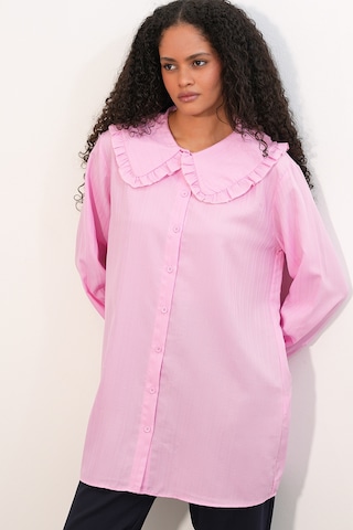 Bigdart Kadın Geniş Yaka Fırfır Detaylı Çizgili Tunik Gömlek 5993 - Pembe