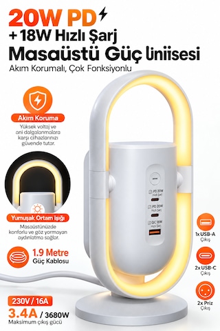 Akım Korumalı Masaüstü Güç Ünitesi 2 Priz, 2 Usb-c + Usb-a, 20w Pd & 18w Qc Hızlı Şarj, Led Ortam Aydınlatmalı 3680w 1.9 M