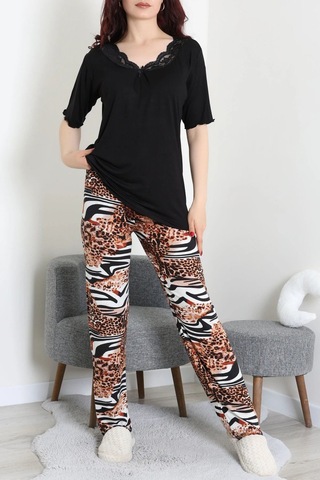 Modi Dantelli Pijama Takımı Siyah - 71502.1773. Açık Bej - Siyah