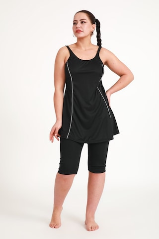 Kadın 502 Büyük Beden Şeritli Taytlı Elbise Mayo Siyah-siyah 31562 - 1 Siyah