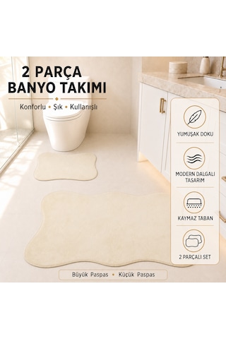 2 Li Banyo Paspası Halısı Seti Kaymaz Tabanlı Yıkanabilir Klozet Takımı Krem