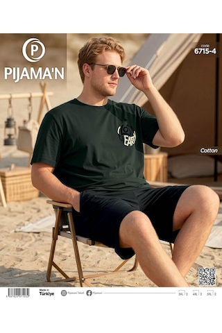 Pijamoni Erkek Battal Bisiklet Yaka Kısa Kol Şortlu Pijama Takımı 6715/4 - 1 Adet Yeşil