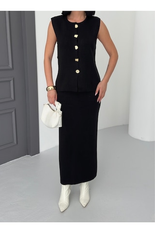 Kadın Düğme Detaylı Yelek Uzun Etek Alt Üst Triko Takım Siyah
