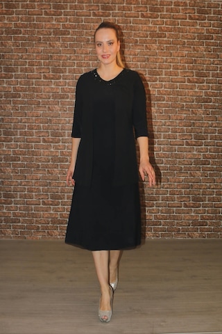 Nidya Moda Büyük Beden Kadın Siyah Taşlı Abiye Elbise-4093AS Siyah