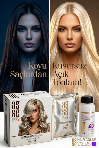 Asse Hair Colors For Professionals. Bleaching Powder - Ultra Yoğun Saç Renk Açıcı. Profesyonel Kullanım İçin. Ultra Bağ Güçlendirici Formülüyle 8 Ton'a Kadar Açma, Saçı Güçlendirir Ve Korur