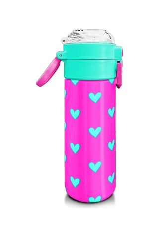 Coral High Kids Neon Pembe Su Yeşili Kalp Desenli Pipetli Ve Direkt İçim Çelik Termos 500 Ml 31906 Pembe - Açık Yeşil