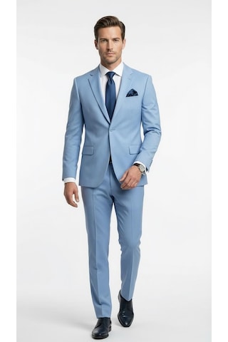 Erkek 3 Parça Slim Fit Takım Elbise Klasik Likralı Kumaş, Tek Düğme, Çift Yırtmaçlı Modern Kesim Ceket Yelek Pantolon Mavi