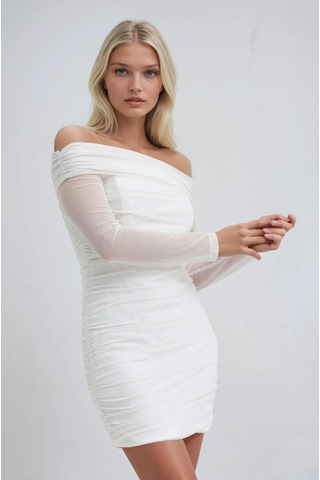 Lijuri Drapeli Madonna Yaka Mini Elbise 2933 R5-j-k5 Beyaz