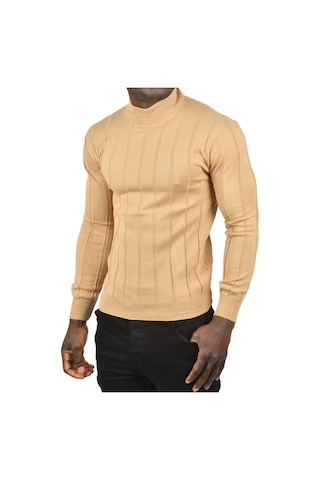Deepsea Erkek Camel Slim Fit Likralı Tüylenme Yapmayan Yarım Balıkçı Çizgili Triko Yarım Boğazlı Kazak 2505503 Camel