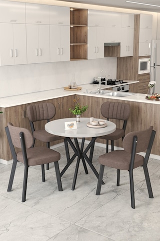 Gnr 90cm Sabit Beyaz Mutfak Masası Takımı, Yemek Masası, 4 Modern Kahverengi Sandalye Kahverengi