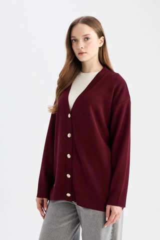 Defacto Relax Fit V Yaka Hırka E6134ax25aubr459 Bordo