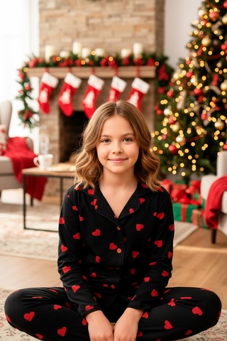 Kız Çocuk Kalp Baskılı Kadife/süet Pijama Takımı -12490 Siyah