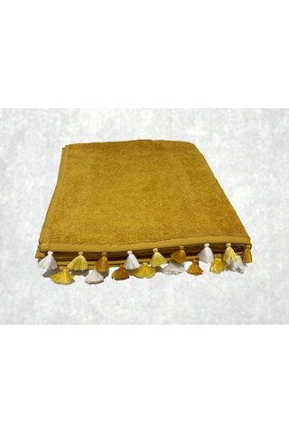Püsküllü Yumuşak Pamuk Havlu Yüksek Emicili Vücut Havlusu 70x130 Cm Sarı