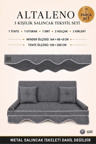 Zishtekstil Keten Kumaş Süngerli Gölgelikli 3 Kişilik Salıncak Minderi 8 Cm Gri