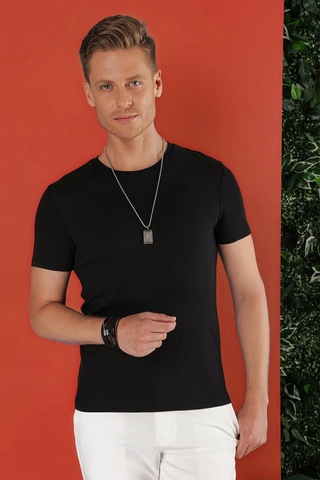 Efor Slim Fit Bisiklet Yaka Düz Pamuklu Siyah Tişört Ts 823 Siyah