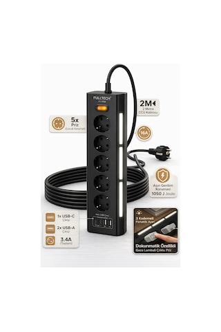 Fulltech Ftr-26 5li Akım Korumalı Priz 2 Usb-a, 2 Usb-c, 3 Kademeli Gece Lambası, 2 Metre Kablo - 36 0.2 M