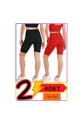 Kadın Yüksek Bel Toparlayıcı Şort Tayt Siyah & Kırmızı 2'li Paket Lycralı Biker Shorts 21071 Siyah - Kırmızı