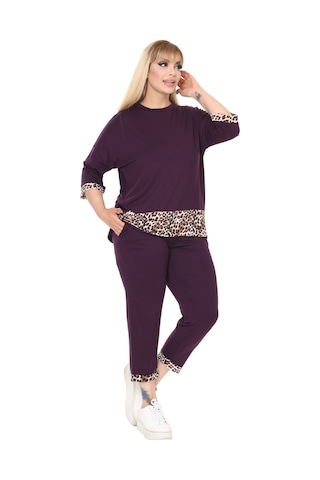 Melsay Butik Mor Leopar Şeritli Büyük Beden Kadın Kapri Takımı Mor
