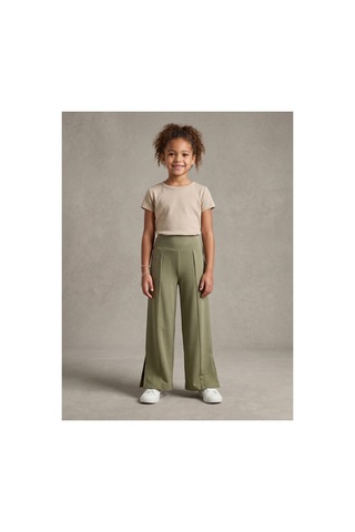 Deniva Kids Kız Çocuk Haki Beli Lastikli Simli Paçası Yırtmaçlı Geniş Paça Rahat Pantolon