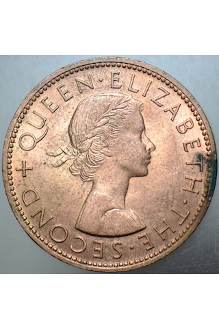 Yeni Zelanda 1 Penny 1964 Kraliçe Iı. Elizabeth. Tui Kuşu. 31 Mm Bronz. Çilaltı.