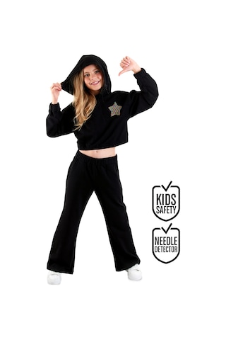 Denokids Stars Kız Çocuk Crop Siyah Eşofman Takım Çok Renkli