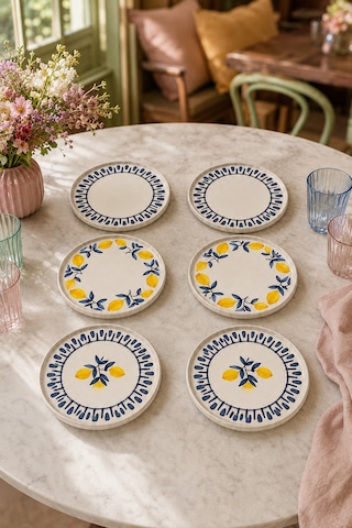 Mavi Limon 6 Lı Seramik Pasta Ve Servis Tabağı Seti Stackable 20 Cm Limon Desenli Akdeniz Sofra Takımı Beyaz