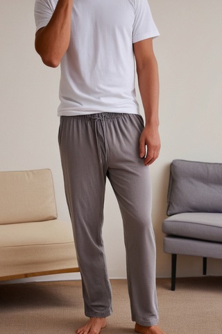 Elemge %100 Pamuk Süprem Erkek Pijama Altı Gri Cepli Rahat Kalıp Relax Fit Lastikli Ipli Terletmez Esnek