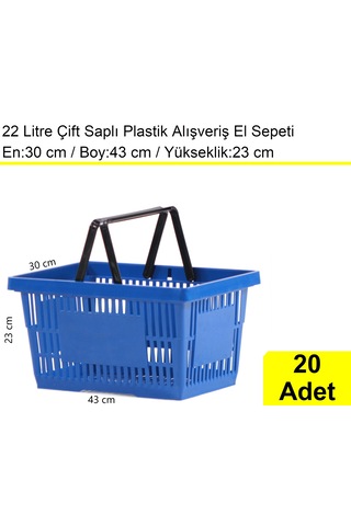Plastik Alışveriş El Sepeti Çift Saplı 22 Litre Mavi 20 Adet / En:30 Boy:43 Yükseklik:22 Cm Mavi