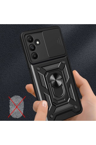 Samsung Uyumlu Galaxy A15 Kılıf Magnetik Standlı Kamera Korumalı Zore Sürgülü Vega Kapak Siyah