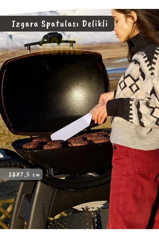 Barbekü Spatulası Paslanmaz Delikli Izgara Spatulası Çelik Hamburger Spatulası 38 Cm Metalik Gri
