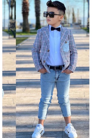 Riccotarz Erkek Çocuk Kırmızı Çizgili Blazer Ceket Kot Pantolon Alt Üst Takım Gri