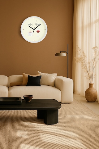 Kahve - Şarap Tasarım Modern Mutfak Duvar Saati - 42cm - Önü Camlı Beyaz Kasa - Sessiz Mekanizma Beyaz