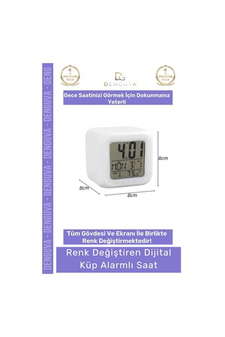 Renklisaat 7 Renk Değiştiren Gece Lambası Termometre Takvim Işıklı Dijital Küp Alarmlı Masa Çalar S Çok Renkli
