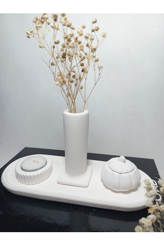 Tabaklı Sütun Vazolu, Minimal Mumluk Ve Balkabağı 4 Parça Set Beyaz Beyaz