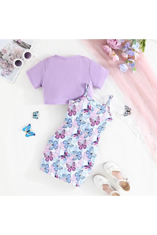2-7 Yaş Çocuk Takımı Yaz Yeni Tatlı 2 Parça Günlük Hanım Tarzı Kısa Kollu Kayık Yaka Üst + Kelebek Baskılı Askılı Etek Mor