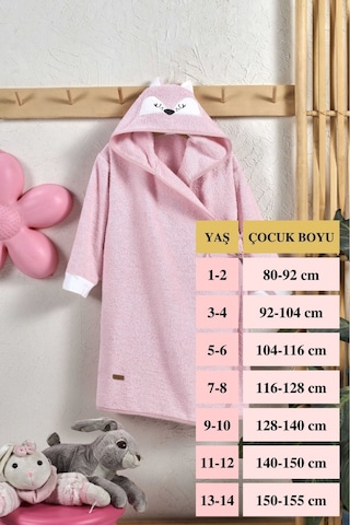 %100 Pamuk Bebek Çocuk Bornozu Kapüşonlu Nakışlı Hayvan Figürlü Bornoz Pembe