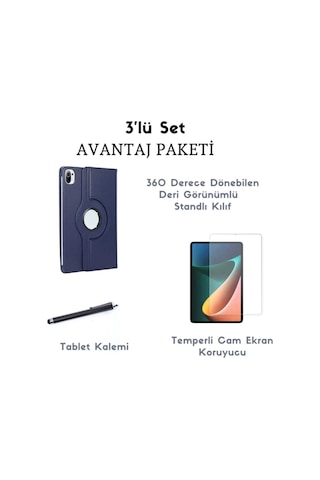 Xiaomi Uyumlu Mi Pad 5 3'lü Set Standlı Dönebilen Tablet Kılıfı + Temperli Ekran Koruyucu + Kalem Arka Kapak
