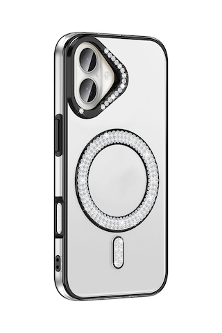 Apple Uyumlu iPhone 16 Plus Kılıf Pırlanta Taş Tasarımlı Kablosuz Şarj Özellikli Karetta Silikon Kapak