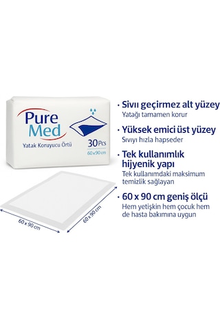 Puremed Yatak Koruyucu Örtü 60x90 Cm Tek Kullanımlık Sıvı Geçirmez Hasta Altı Örtüsü