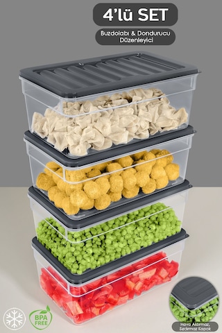 4'lü Derin Buzdolabı Organizer Set Düzenleyici Saklama Kabı Mikrodalga Difriz Kabı 2500 ML Antrasit
