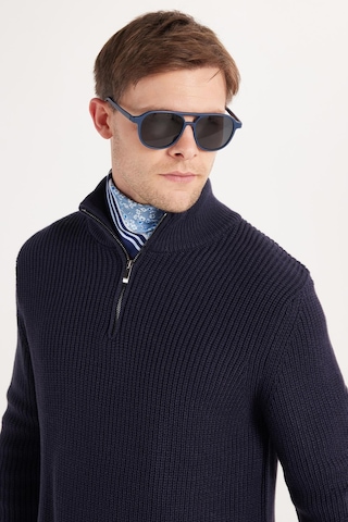 Tudors Erkek Slim Fit Dar Kesim Fermuarlı Lacivert Dik Yaka Triko Kazak-34922 Lacivert