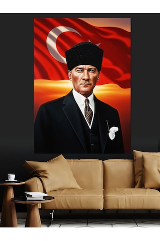Atatürk Portresi Bayrak Kırmızı Dekoratif Kanvas - Mdf Ahşap Tablo