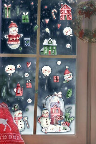 MSticker Yılbaşı Kardan Adam Ve Evleri Çocuk Odası Cam Duvar  Sticker Seti