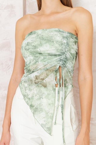Darlin Moda Kadın Yeşil Desenli Astarlı Tül Straplez Bluz Dm7006 Yeşil