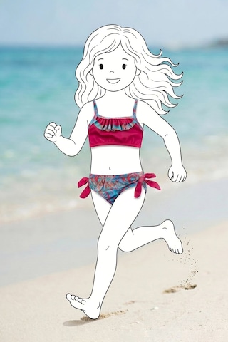 Zuzunga Kız Çocuk Renkli Tropik Desen Bikini Takımı Fuşya-mavi