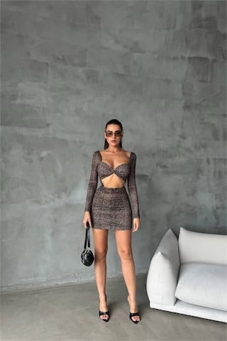 Kadın Leopar Sırt Ve Göğüs Dekolteli Mini Elbise Dpnbdf079 Kahverengi