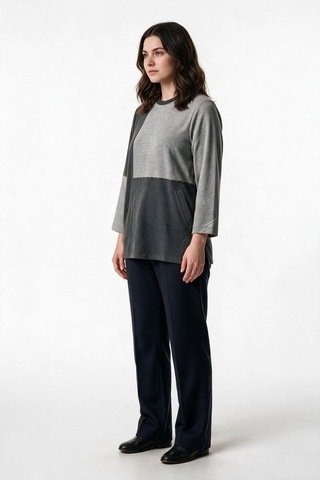 Gala-xi Kadın Büyük Beden Blok Desenli Bisiklet Yaka Uzun Kollu Sweatshirt Gri