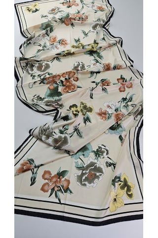Miorel Scarfs Yeni Sezon Çiçek Desen Vual İpek Şal Fular Silk Scarfs Shawl Hijab Krem
